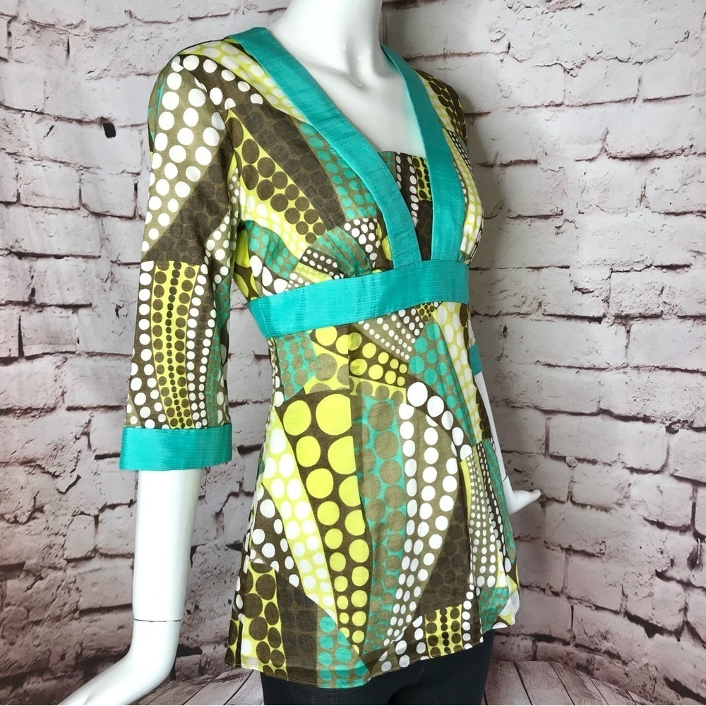 MILLY of NEW YORK Turquoise + Green Mod Print Top 3/4 sleeves Size 2 - Picture 4 of 16
